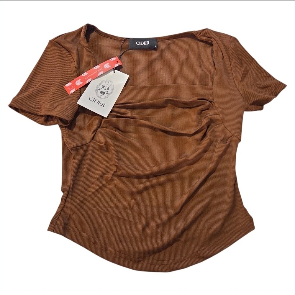Cider Brown Ribbed Ruched Short Sleeve Top Size‎ S